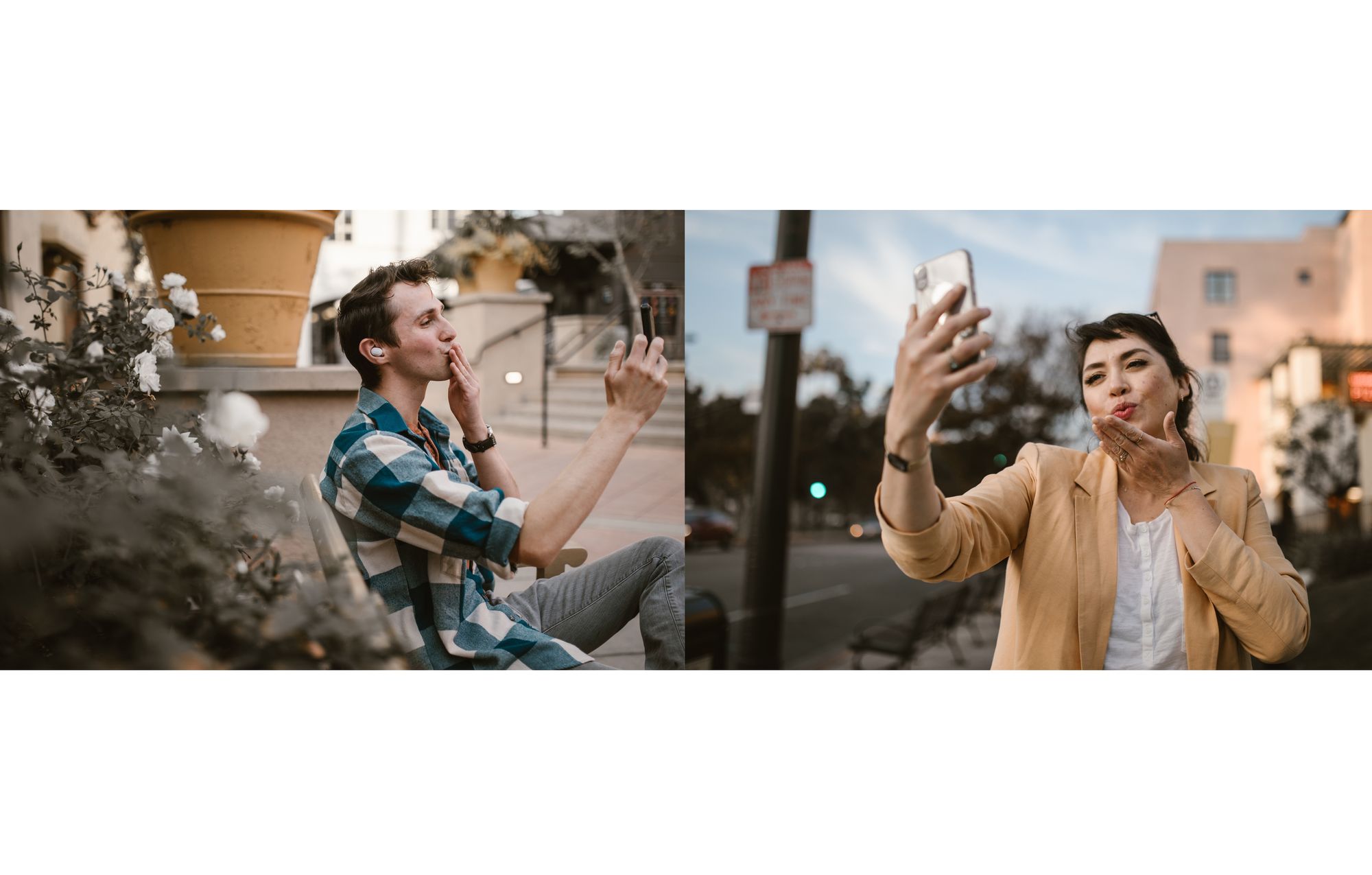 couple with long distance relationships sending kisses over videocall